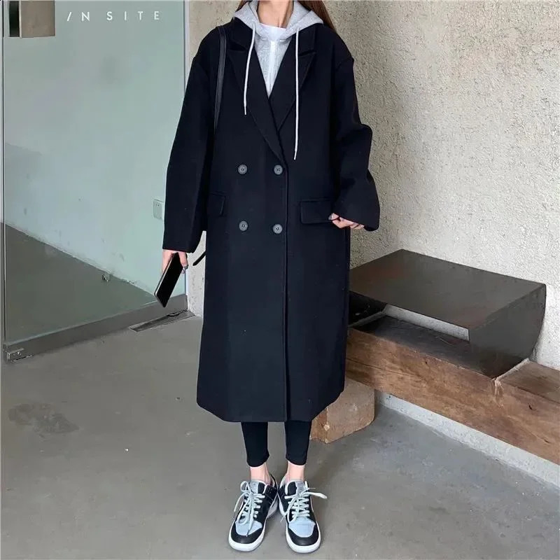 Twopiece Illusion Woolen Jacket Womens Winter Korean Style Loosefit Mediumlength Hooded Thickened Overcoat Clothing 240905