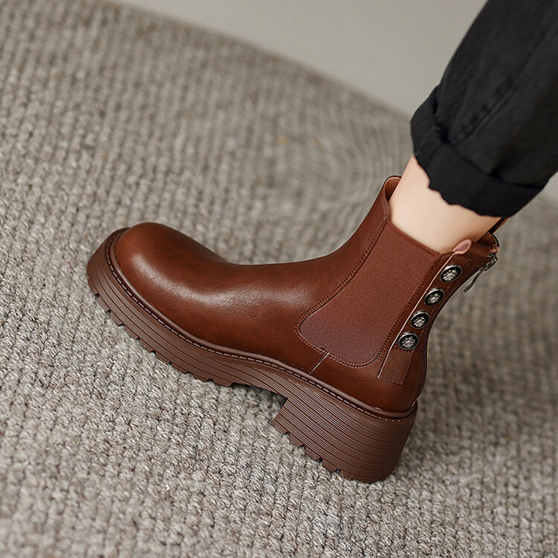 Fall NEW Shoes Split Leather Round Toe Chunky Heel Casual Solid Platform Boots for Women botas de mujer 45b8