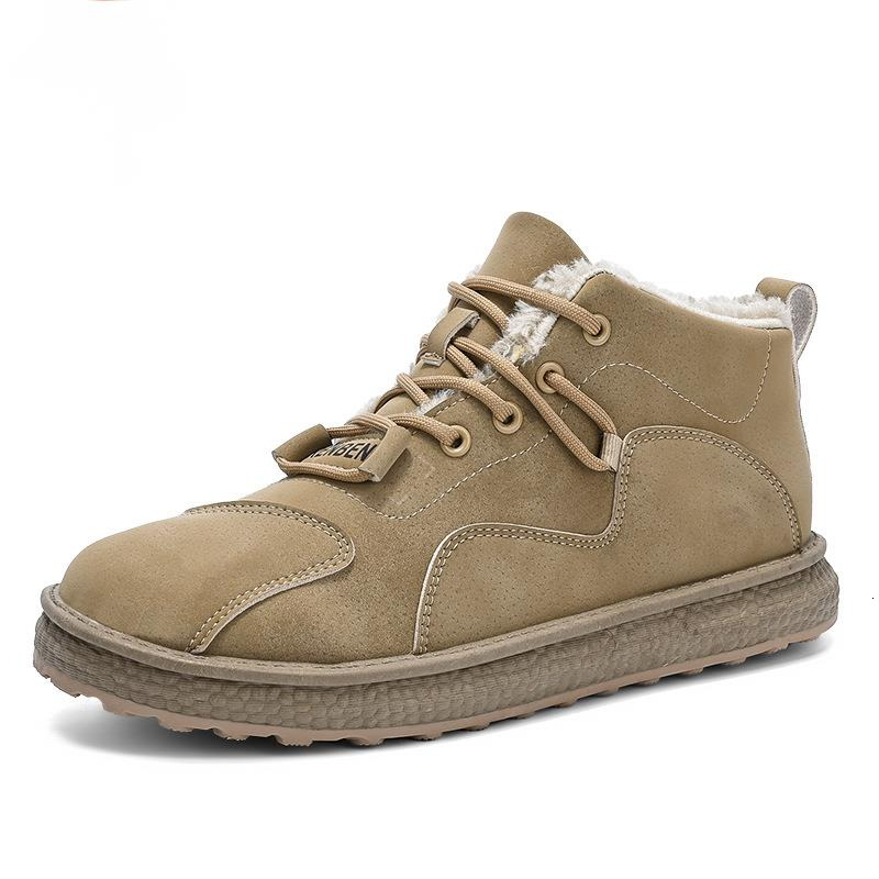Winter thick snow with added fleece, outdoor sports warm cotton shoes, mid top lace up men's suede leather boots