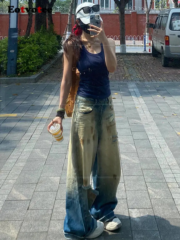 EOTVOTEE American Style High Street Jeans for Women Y2k Vintage Wide Leg Pants 2024 Model Casual Distressed Hole Jeans 240905