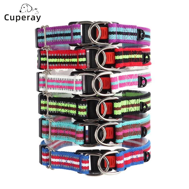 Poly Cotton Pet Collar Adjustable Dog Collar with Reflective Strips and Double D Buckle Suitable for Cats & Small To Medium Dogs