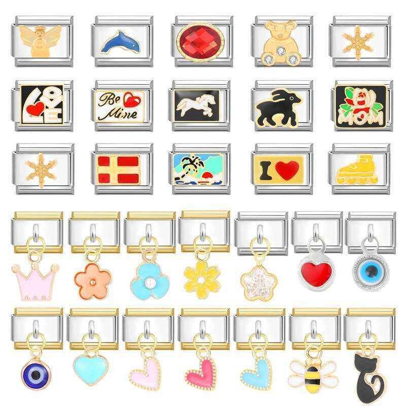 New Women's Gift blue eye pink heart sweet Pendant Italian Charms Links Bangle Beads Fit 9mm Stainless Steel Bracelet Making DIY For Women Fashio