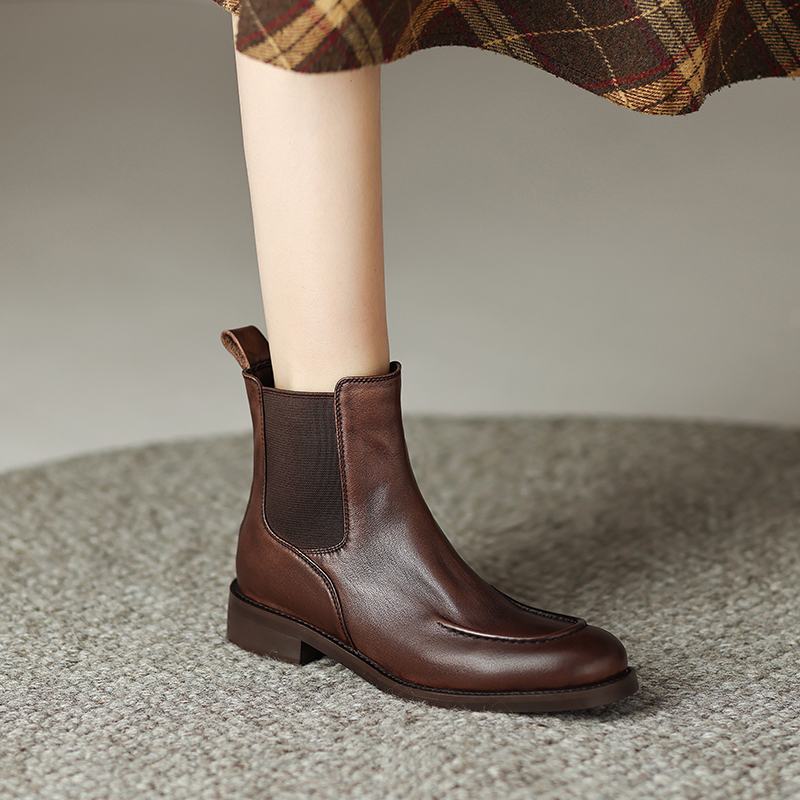 2024 Autumn Genuine Retro Women Shoes Round Toe Chunky Heel Winter Female Leather Boots a908