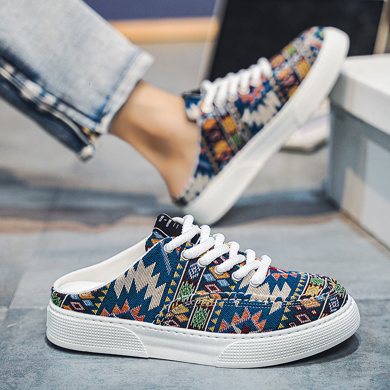Summer New Trend Printed Canvas Young Casual Men's Board Shoes Half Slippers