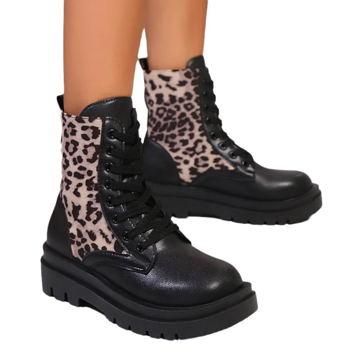 Shoes for Women 2024 Fashion Lace Up Women Boots Autumn Round Toe Leopard Print Short Chunky Heels Lace Up Plus Size Boots