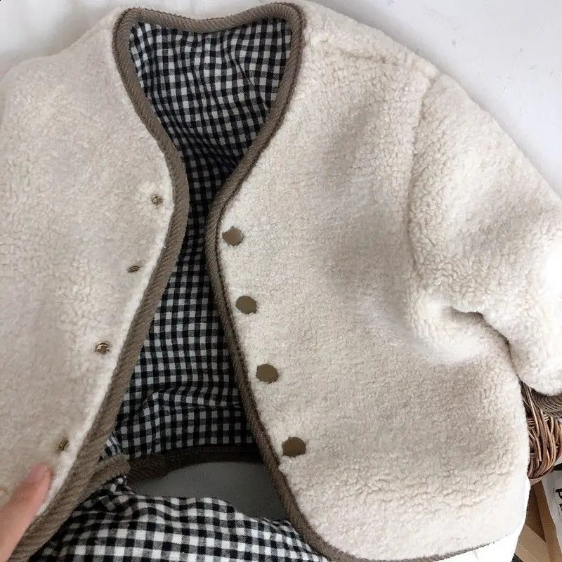 Children Winter Double Sided Wear Jacket Coats Korean Baby Boys Girls Lambswool Plaid Single Breasted Warm Outerwear 240906