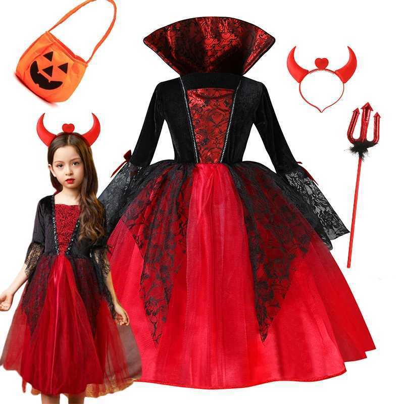 Girl Vampire Halloween Costume Childrens Ghost Bride Gothic Cosplay Vampire Costume Count Vampire Carnival Costume Black and Red Costume W240914