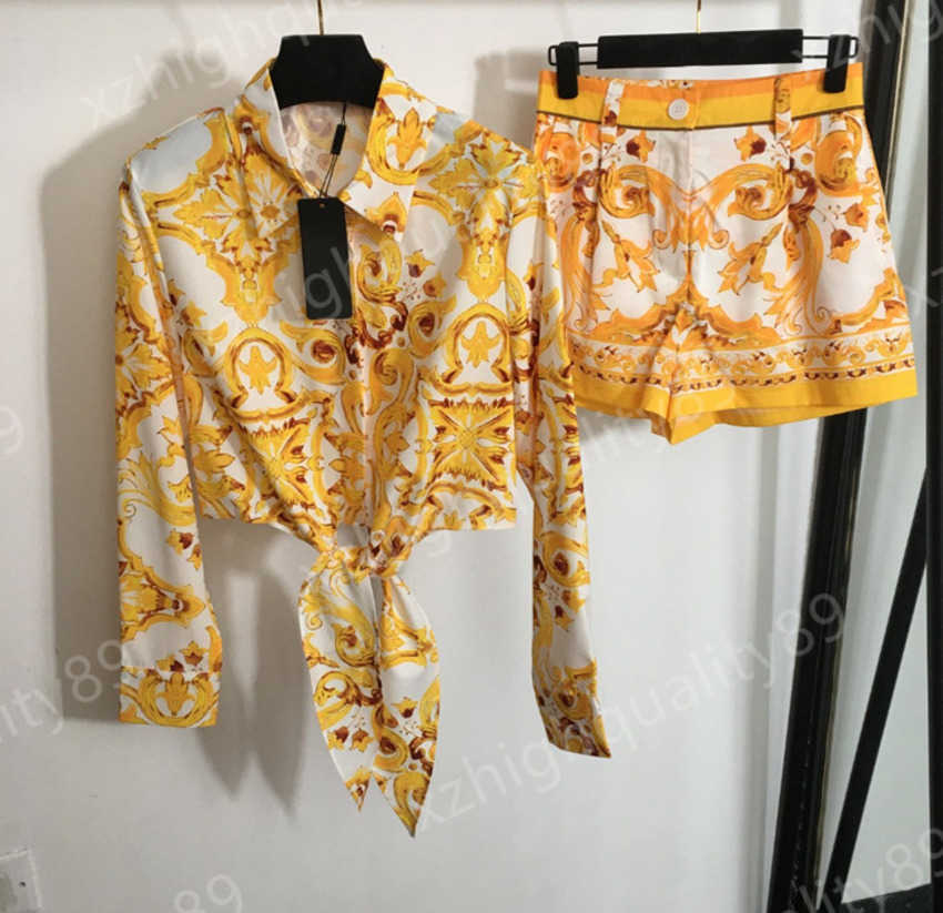 designer dresses for woman Fashion Beach dress Lemon yellow print Long sleeved lapel Knot cropped shirt Luxury High waist Shorts Sexy Vacation Women Clothing