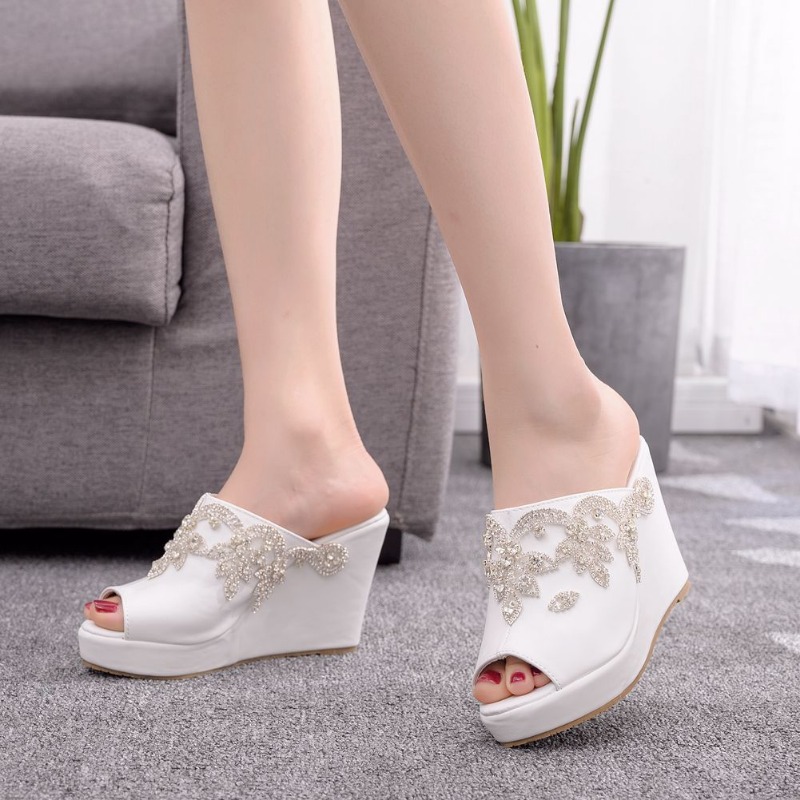 2025 new Heels High For Peep Toe Rhie Slip On Platform 10CM Wedges Fashion Dress Sandals Women Shoes White Slippers bb84 pers