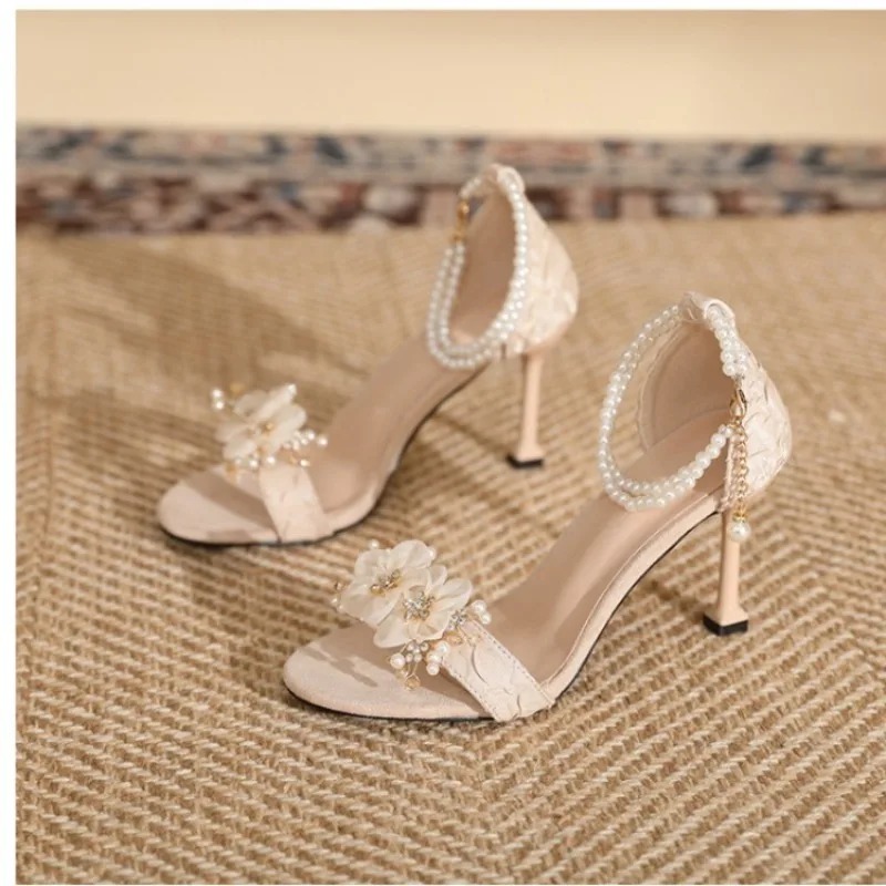 New Sweet Fairy Style String Bead Flower High-heeled Sandals Summer Elegant Banquet Wedding Brides Bridesmaids Women Shoes 31-43
