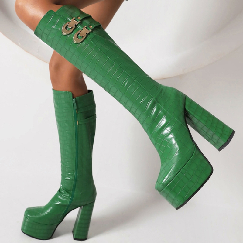 Black Knee High Boots for Women Platform Winter Shoes Green Heels Sexy Long Shoes Zipper Party Boots Lady Large Size New 2024