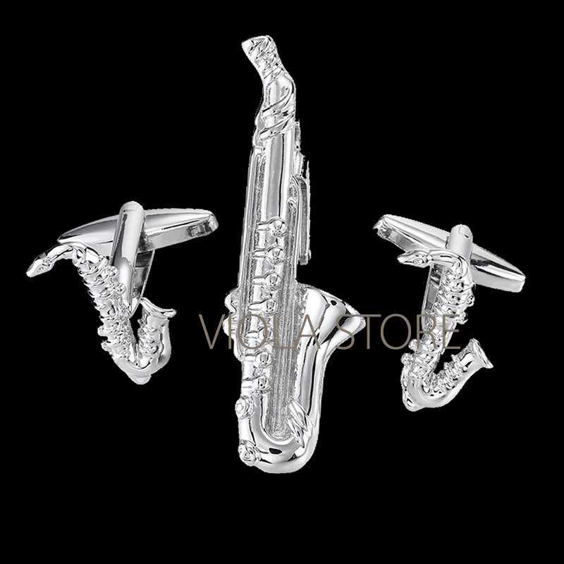 Top Luxury Saxophone Classy Stainless Tie Clip Cufflinks Sets Gentleman Business Wedding Sleeve Cuff Music Design Accessory GiftX240914