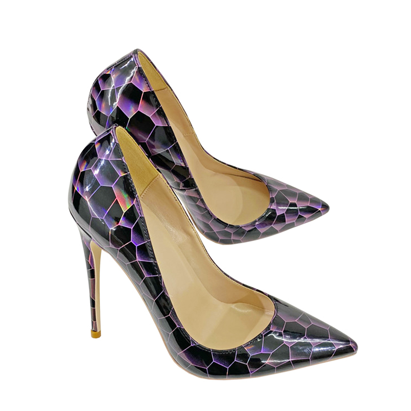 New Colorful Stone Pattern High Heels Pumps Fashion Pointed 12CM Single Shoes Comfortable Soft Leather Holographic Women's Shoe