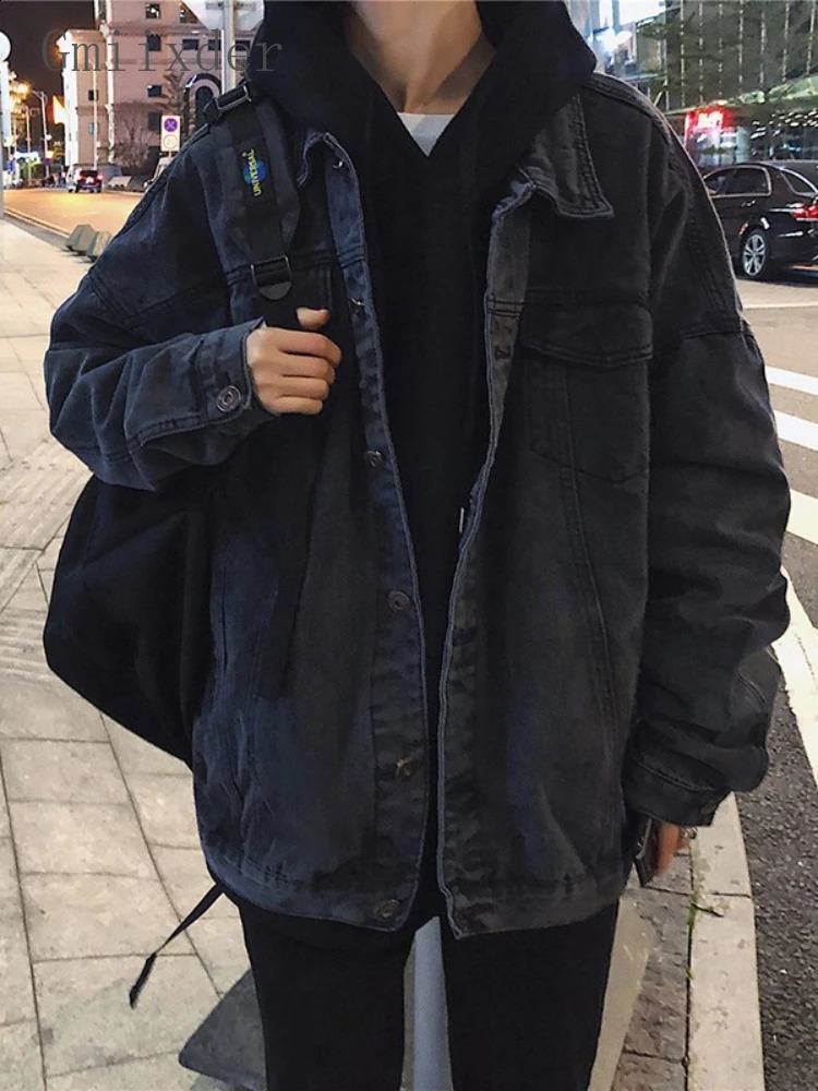 Gmiixder Black Denim Jacket Mens Autumn Handsome Street Retro Large Pocket Tool Hong Kong Style Oversized Jeans Top 240913