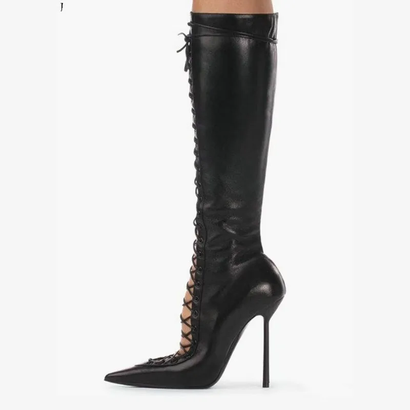 Brand Design Cross Strap Black Red Knee High Autumn Winter Fashion Pointed Spicy Girl Sexy Mid-calf Women Boots Size 34-43