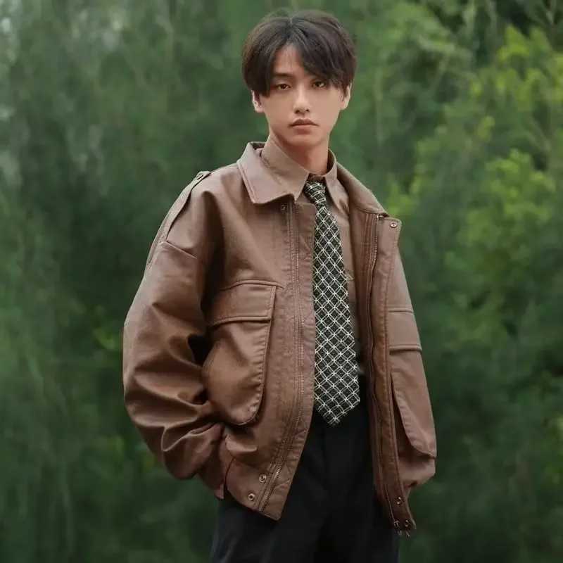 American style brown leather jacket tailored loose fit motorcycle mens flying pilot jacket bicycle clothing W240914