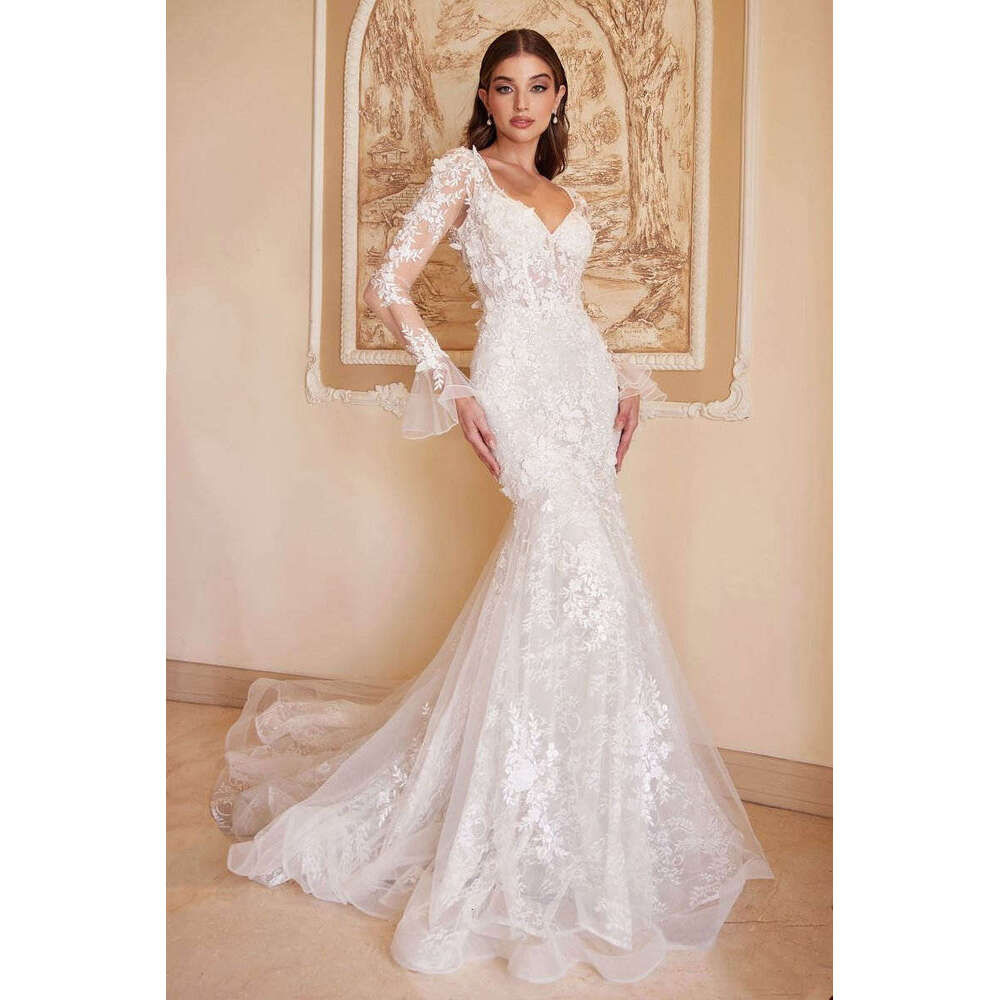 Newest Dresses Mermaid V-Neck Appliques Lace Long Sleeve Backless or-Length Princess Bride Wedding Dress Custom Made