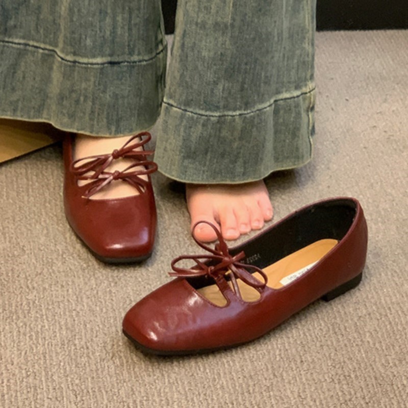 Women's Boat Shoes Square Toe Slip on Flat Shoes Double Bow Ballet Flats Girls Princess Leather Shoes Spring Zapatos Mujer 1789N