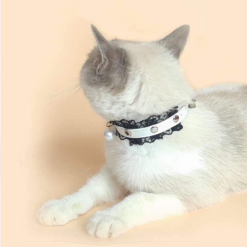 PU Leather Pet Collar Imitation Pearl Charm Cat Collar Faux Leather Pet Collar with Lace Trim Pet Collar for Cats and Small Dogs