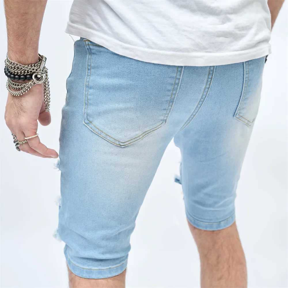 Street Men Beach Denim Shorts Stylish Summer Solid Slim fit Holes Casual Male Five-point PantsX240914