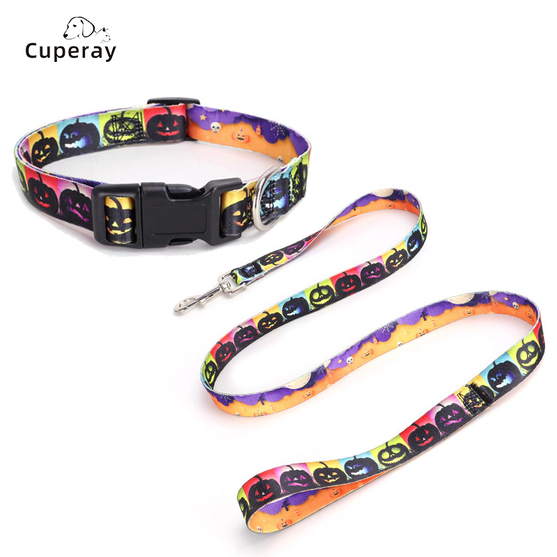 Halloween Dog Collar and Leash Set Adjustable Pet Collar Leash with Pumpkin Pattern, for Dogs and Cats Pet Accessories Supplies