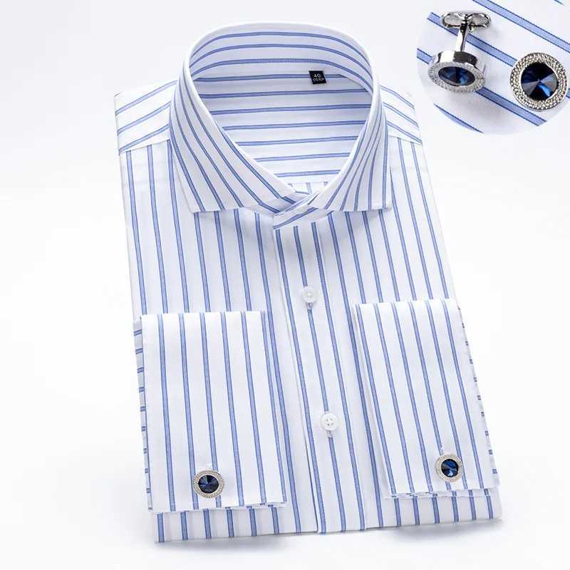 Luxury Windsor Collar Mens Cotton French Cuff Shirt Non Iron Quality Long Sleeve Business Formal Male Dress Cufflink Shirts Z240914