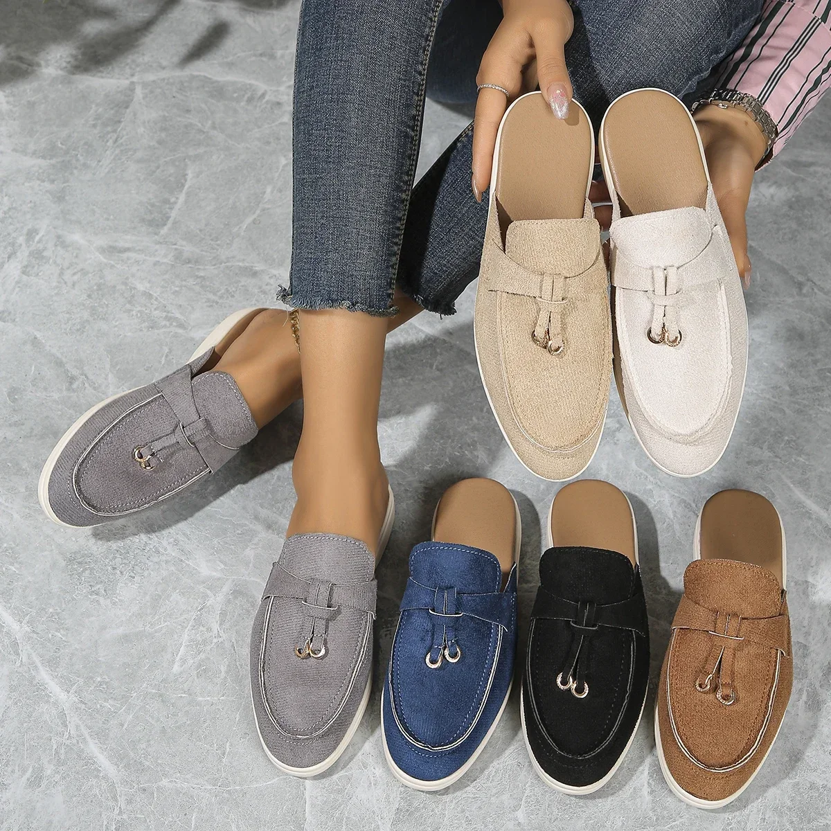 New Casual Flat Bottom Mules Lock Tassel Loafers Fashion Women Single Brand Metal Buckle Slipper Comfortable Slip on Shoes 650a 1c1c