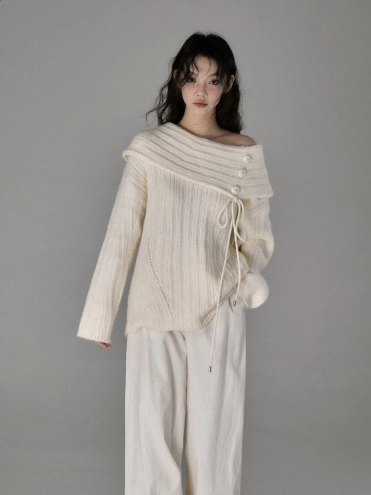 HOUZHOU Coquette Elegant Sexy Knitted Pullovers Sweet Solid Y2k Aesthetic Off Shoulder Bow Bandage Loose Sweater Autumn 240911