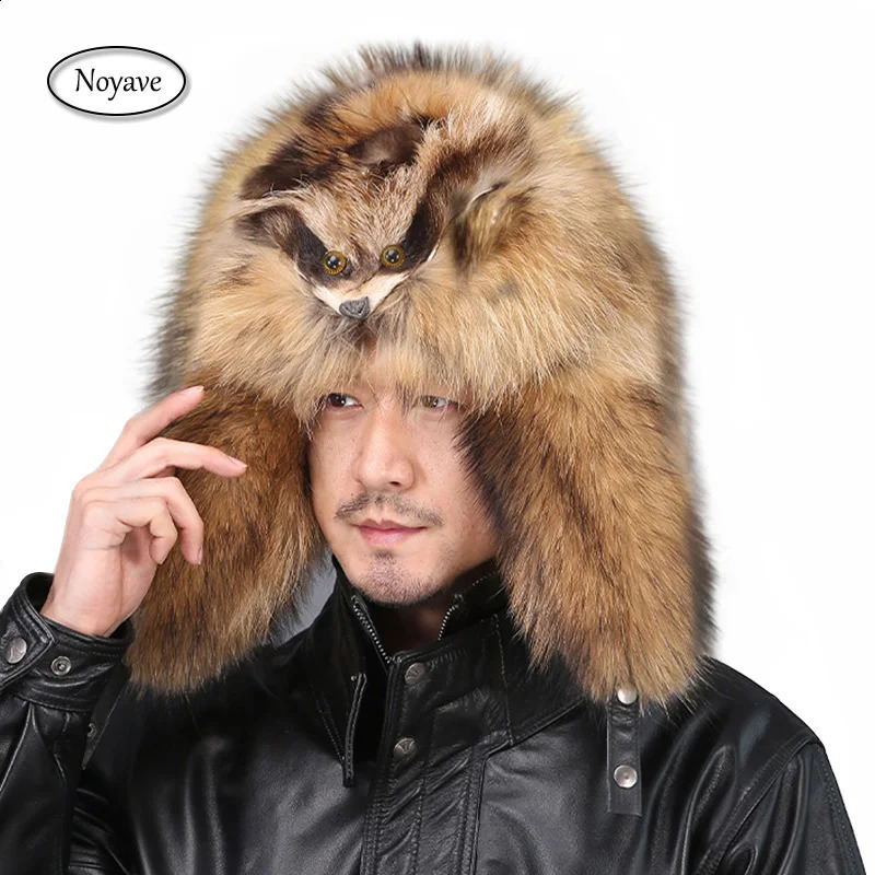 100% Real Fur Raccoon Fox Skin Russian Hats Pilot Bombers Full Mao Mens hat Ushanka Winter Ear Guard Hat Raccoon Fur Beanie Hat 240906
