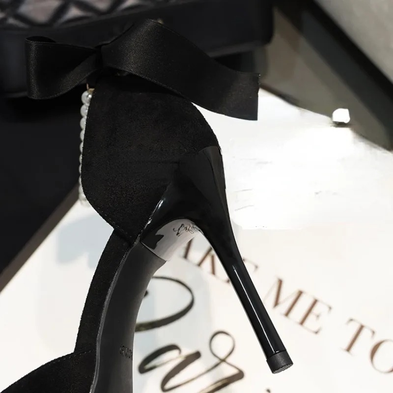 Black Pumps Women's 2024 Summer New Brand Design String Bead Pearls Wedding Bridal High Heels Sexy Pointed Toe Party Dance Shoes eb65 54b7