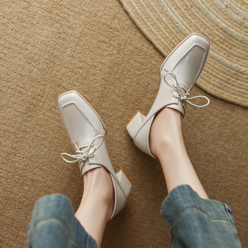 New Spring 2023 Loafers Split Leather Square Toe Chunky for Mixed Colors Mid-heel Women Pumps Lace-up Shoes 1aa3