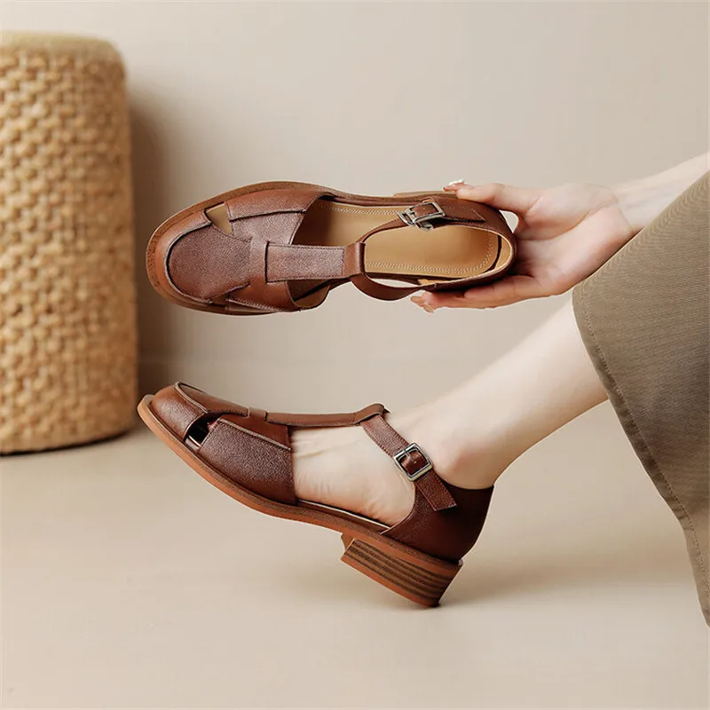 Cowhide Round Sandals Chunky Heel Cover Toe Mary Janes | Summer Shoes for Women 4