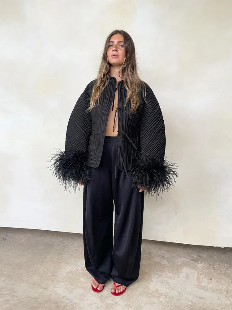 Chic Solid Spliced Feather Cuffs Lace Up Cotton Coat Women Fashion O Neck Long Sleeves Quilted Jacket 2024 Lady Loose Streetwear 240913