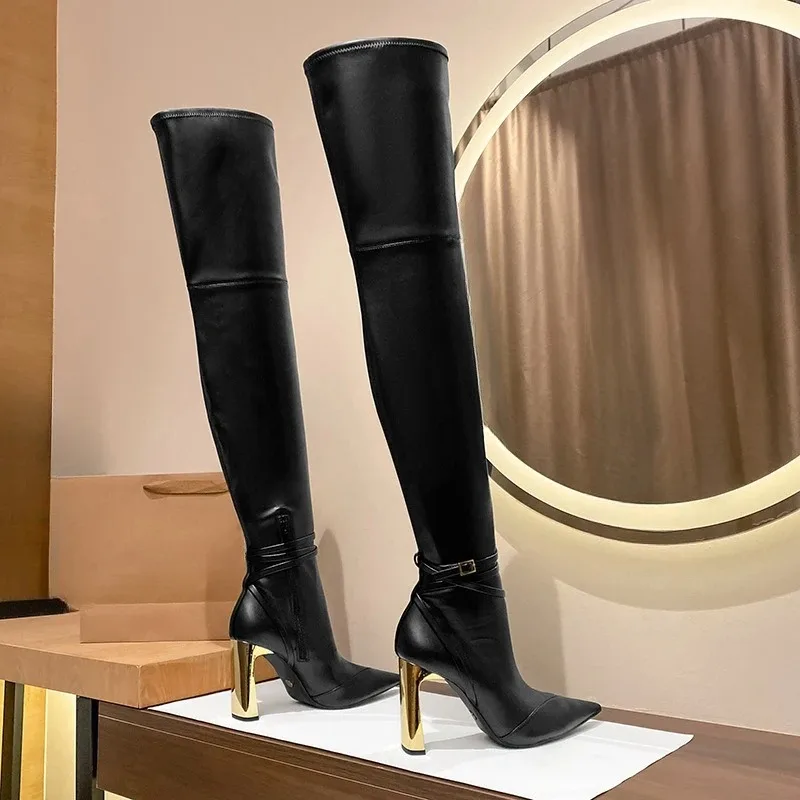 Elegant Black 9cm High-heeled Winding Tape Over Knee Autumn Winter Fashion Design S Pointed Spicy Girl Slim Long Boots