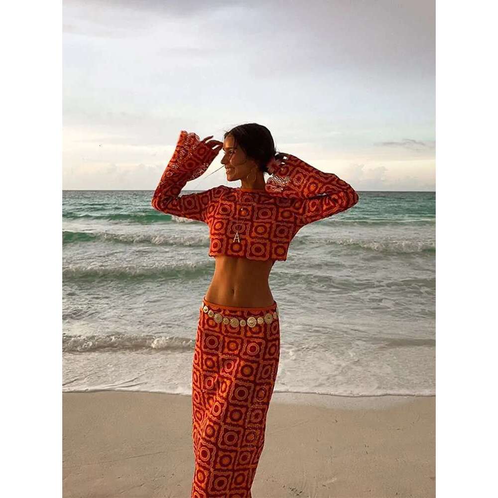 Holiday Crochet Hollow Out Women Midi Skirt 2 Piece Set Elegant Flare Long Sleeve Crop Top Suit Lady Vacation Beachwear