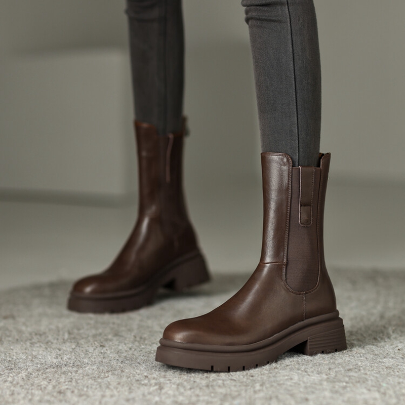 Split Autumn Round Toe Chunky Heel Winter Solid Half Boots Retro Leather Shoes for Women 6a1f