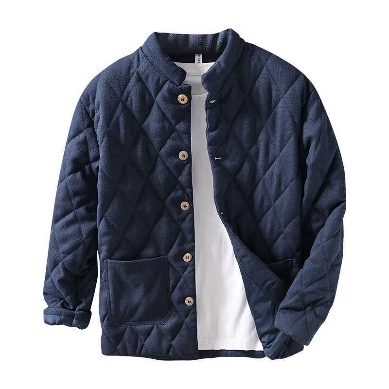 Chinese retro style mens padded apron winter casual loose warm jacket simple and comfortable stand up collar Argyle classic jacket W240914