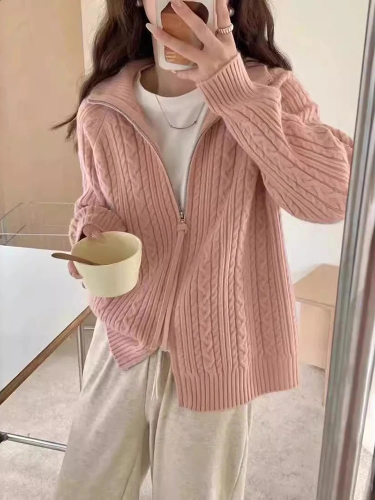 Aoaiiys Cardigan Women Zipper Knitted Casual Loose Long Sleeve Sweaters Korean Style Autumn Winter Fashion Female Cardigans 240904