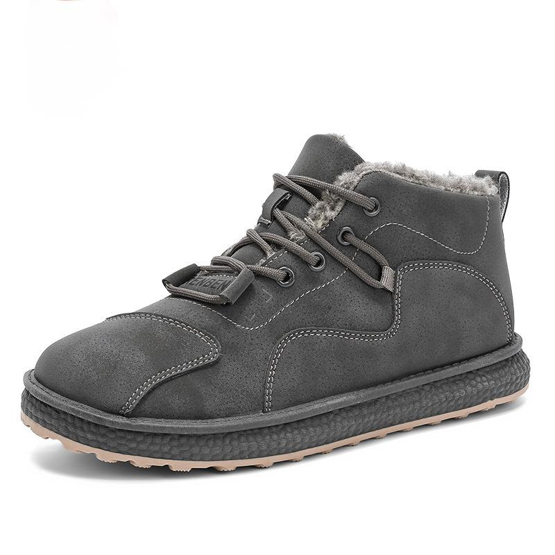 Winter thick snow with added fleece, outdoor sports warm cotton shoes, mid top lace up men's suede leather boots