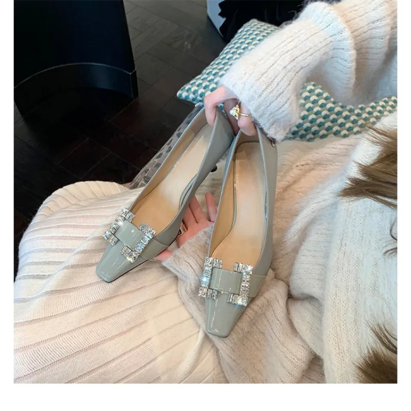 Elegant Square Button Water Diamond Square Head High-heeled Shoes Women Spring Autumn Shopping Commuting Fashion Single Shoes