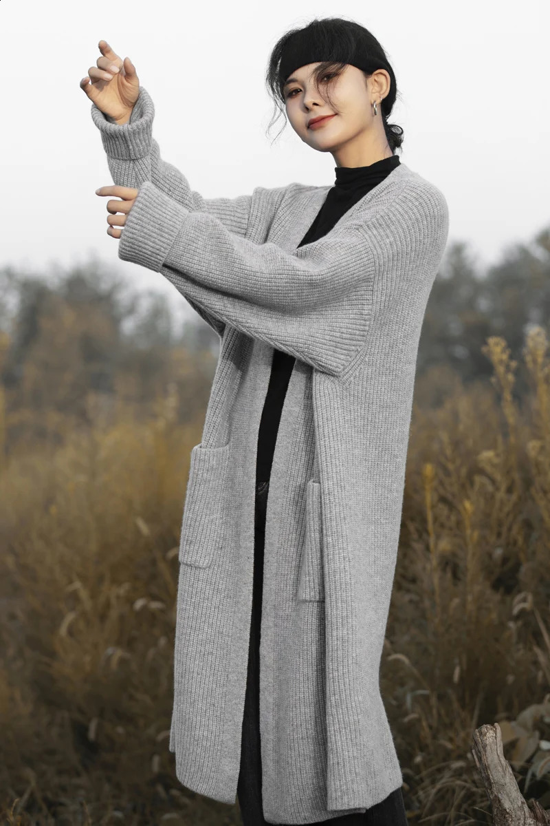 Long BuckleFree Womens Cardigan Pure Wool Knit Coat Free Size Loose AllMatch Casual and Comfortable 240904