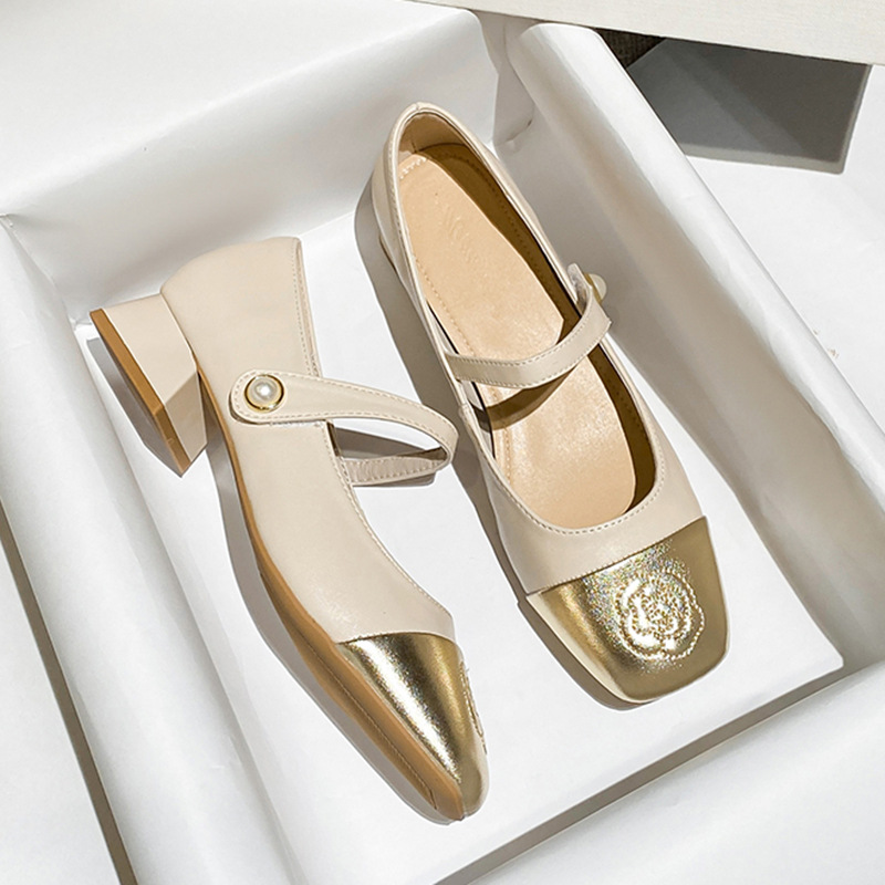 2024 Spring Colored Women's Mid Heel Flat Buckle Square Head French Single Shoes