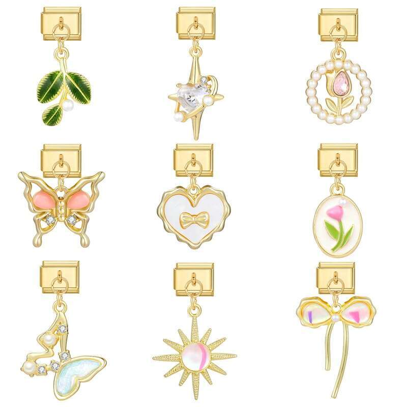 New Women's Gift Sun butterfly heart with gold Pendant Italian Charms Links Bangle Beads Fit 9mm Stainless Steel Bracelet Making DIY For Women Fa