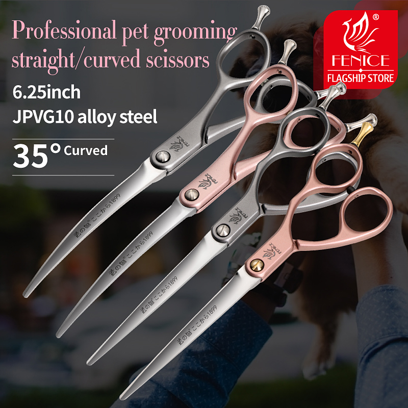 Fenice Dog Scissors JP VG10 Steel 35°Curved 6.25 Inch Curved&Straight Dog Grooming Scissors Pet Trimming Scissors