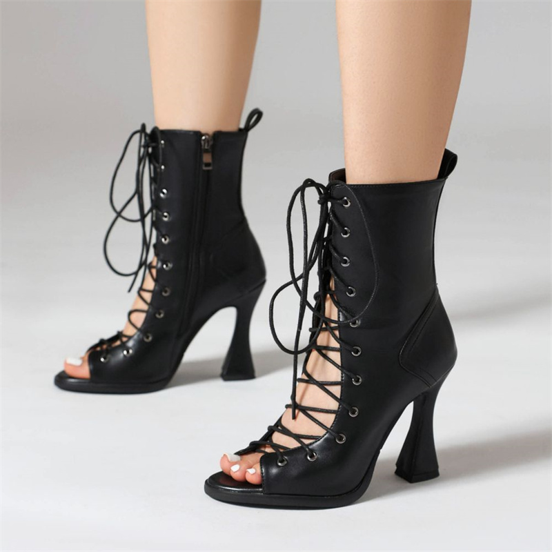 Ankle Sexy Boots For Women Lace-up Hollow Peep Toe Black Beige High Heels Jazz Dance Party Shoes Female Large Size 45 44 4ee2
