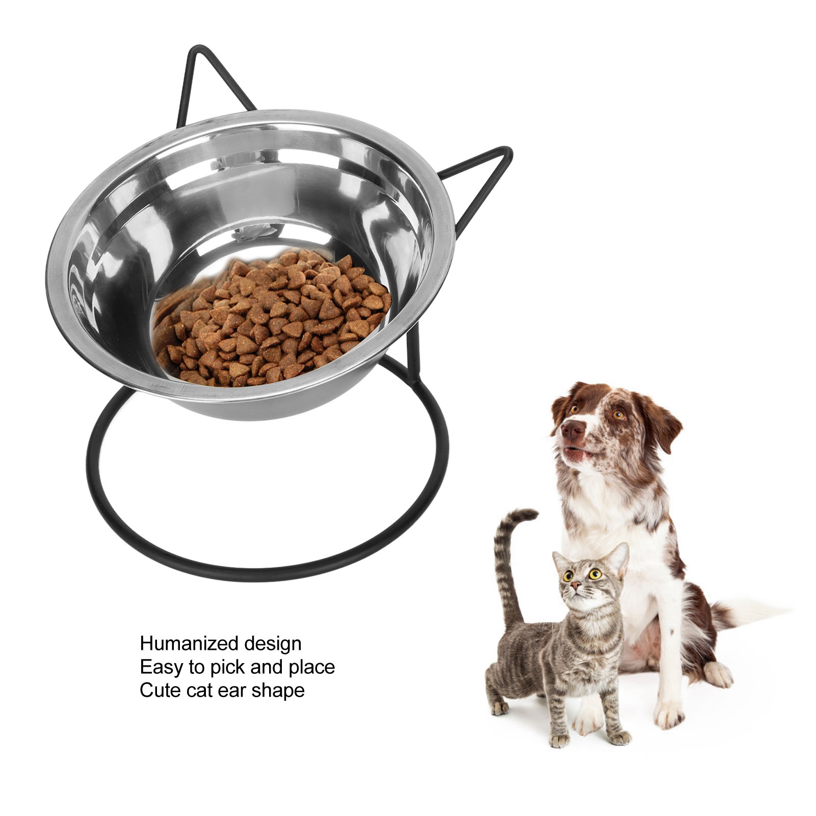 Stainless Steel Raised Pet Bowls with Stand for Cats and Dogs, Elevated Dog Feeder, Cute Cat Ears Shape