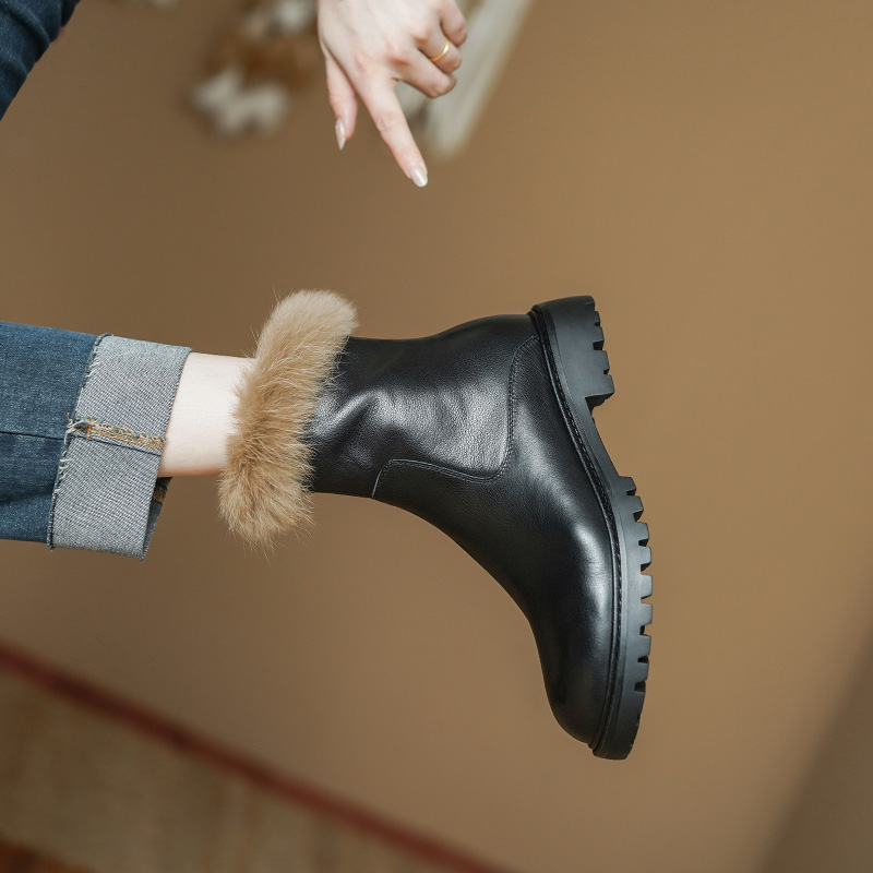 2024 new Winter Round Toe Chunky Heel Shoes for Warm Wool Women Casual Snow Boots bac2