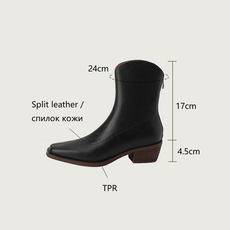 Fashion NEW Split Leather Square Toe Chunky Shoes Winter Zipper Western Women Solid High Heel Boots 686d