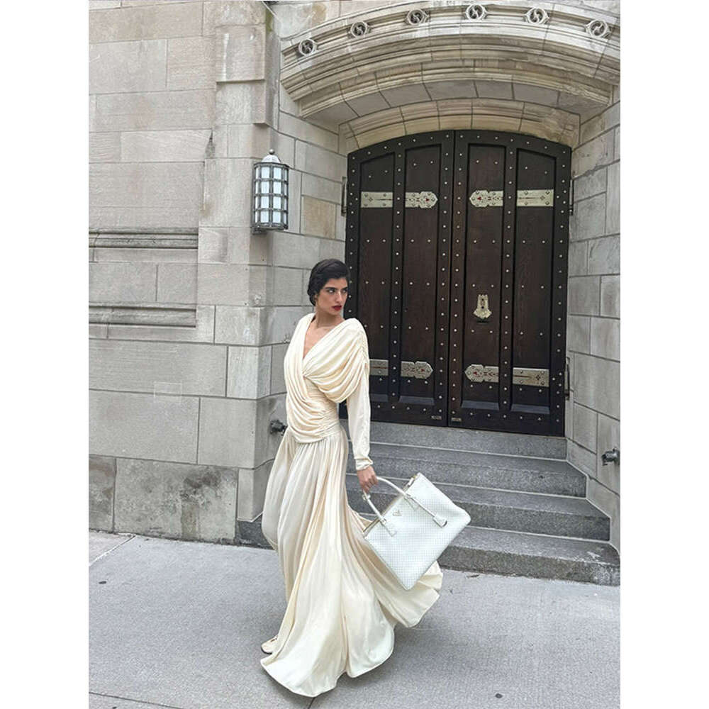 Women Fashion Solid V-Neck Draped Maxi Dress Elegant Long Sleeves Backless Slim Dresses 2024 New Summer Female High Streetwear