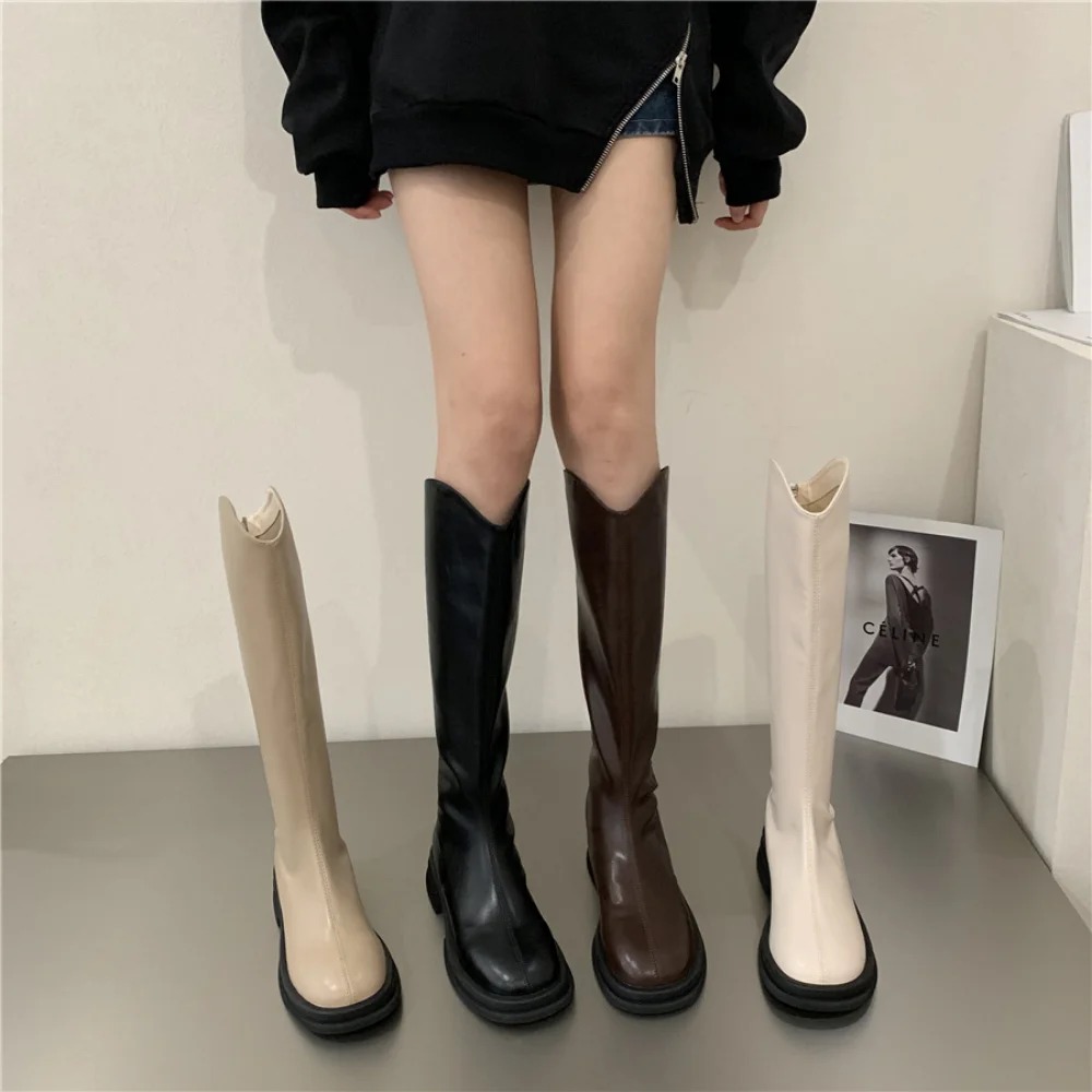 Women's Knee New Autumn PU Leather Female Shoes Low Heel Long Boots Slip on Chunky Botas for Woman 7342